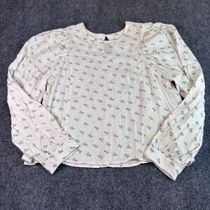 Melrose and Market Blouse Women M Cream Blue Floral Puff Sleeve Boho Rayon